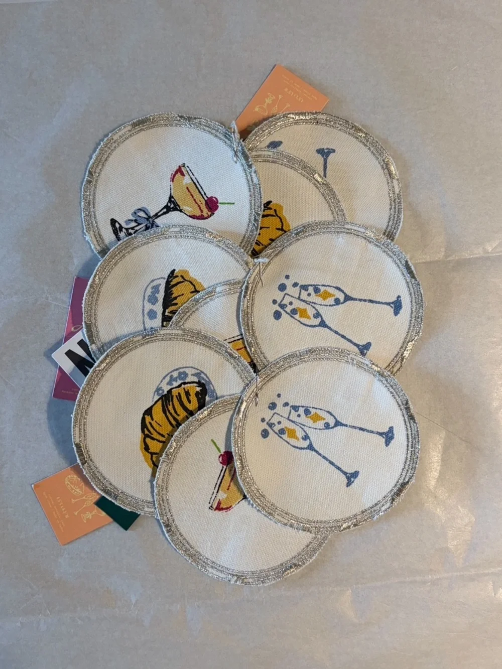 Urban Outfitters Coaster Set of 9 Embroidered Fabric Coaster White Party NEW NWT